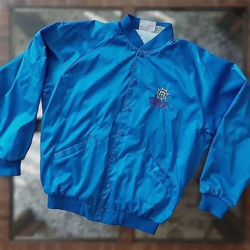 Vtg Y2K Speaking Rock faux satin snap up oversized bomber jacket